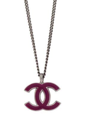 Chanel CC Chain Necklace Silver Pink 02C 177874